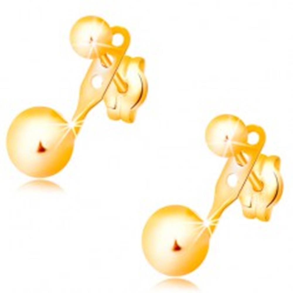 Šperky eshop Náušnice v žltom 14K zlate, dve lesklé hladké guľôčky, puzetky