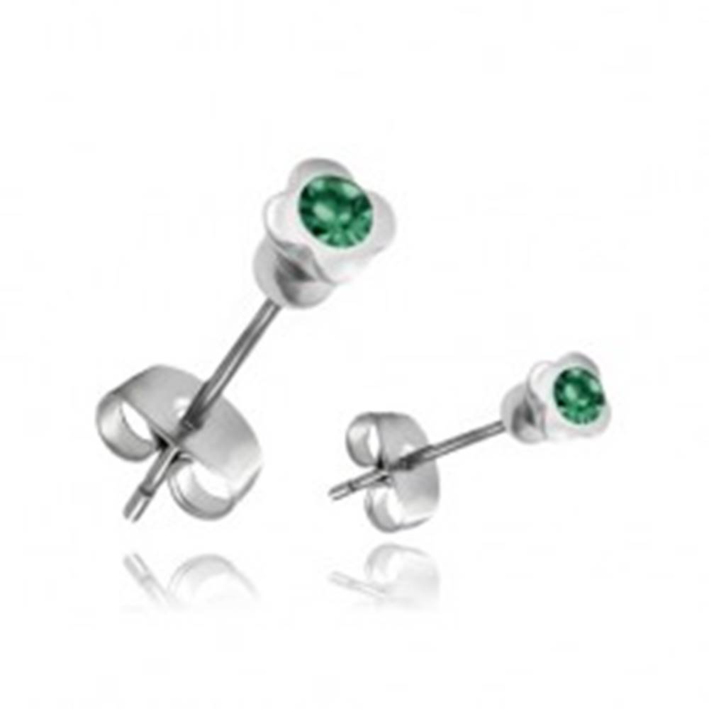 Šperky eshop Oceľové náušnice - štvorlístok so zeleným zirkónom
