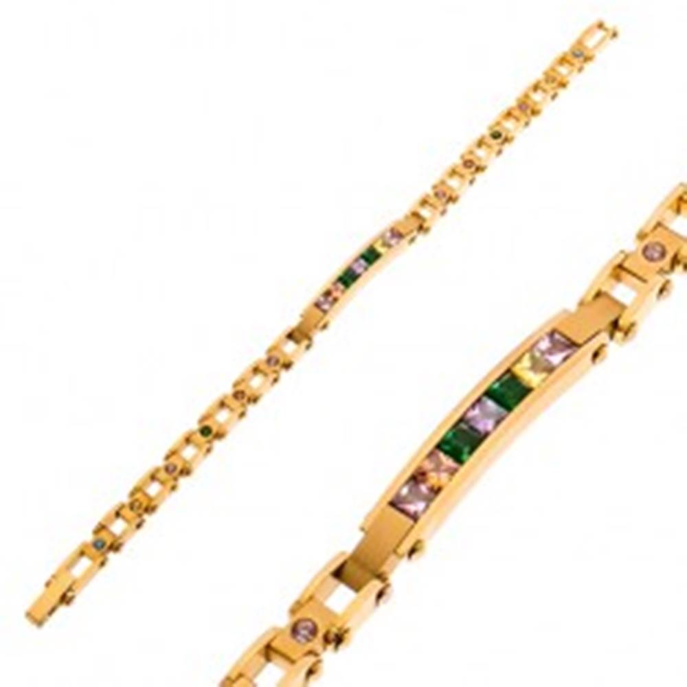 Šperky eshop Oceľový náramok v zlatom odtieni, úzka známka a farebné zirkóny