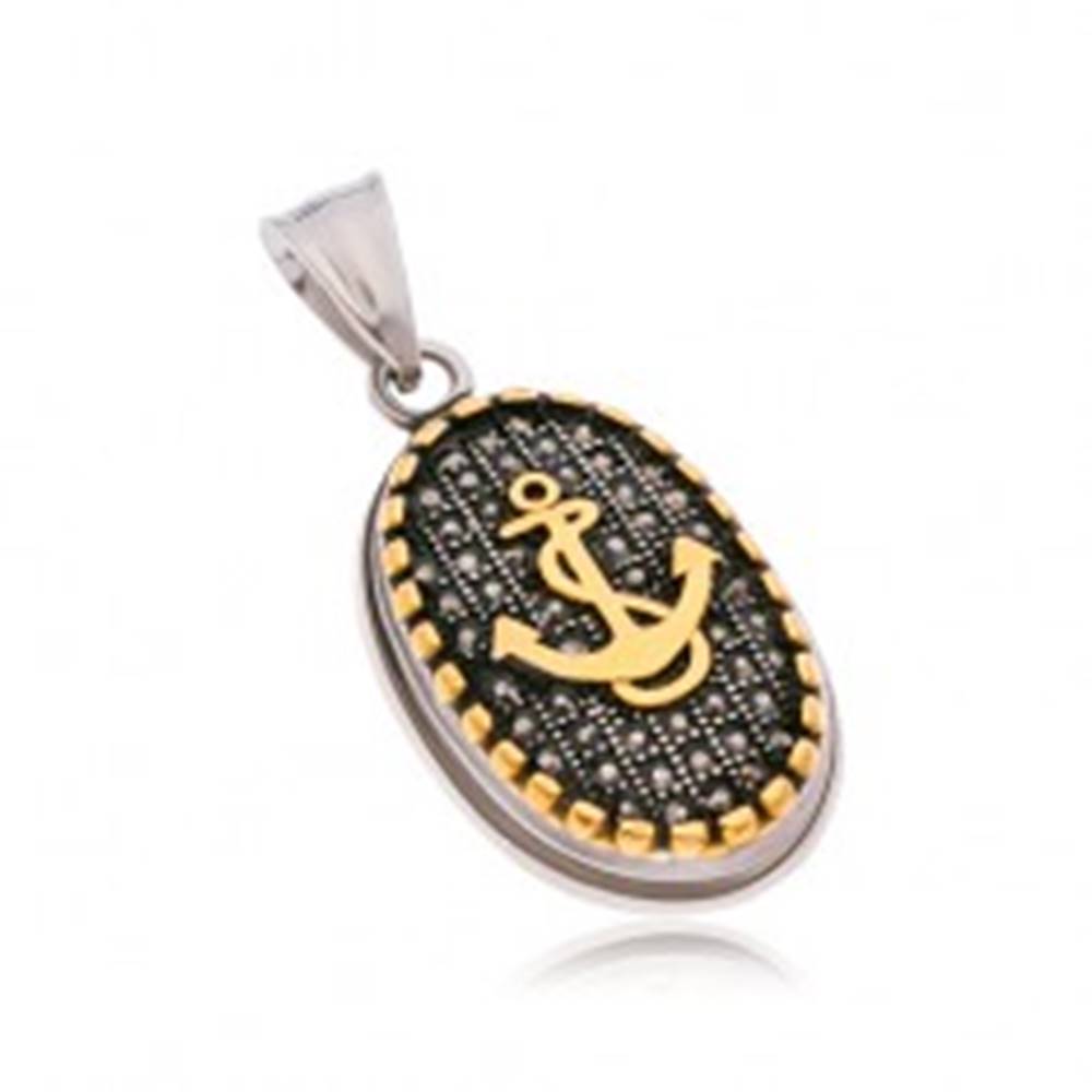 Šperky eshop Oceľový prívesok, ovál s čiernymi zirkónmi, okrajom a kotvou zlatej farby