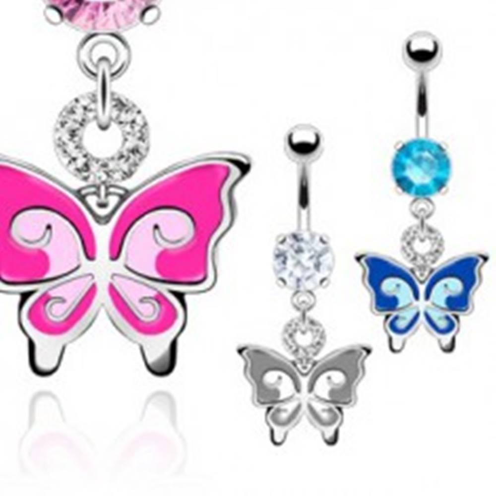 Šperky eshop Piercing do brucha - dvojfarebný motýľ, zirkóny - Farba: Aqua modrá