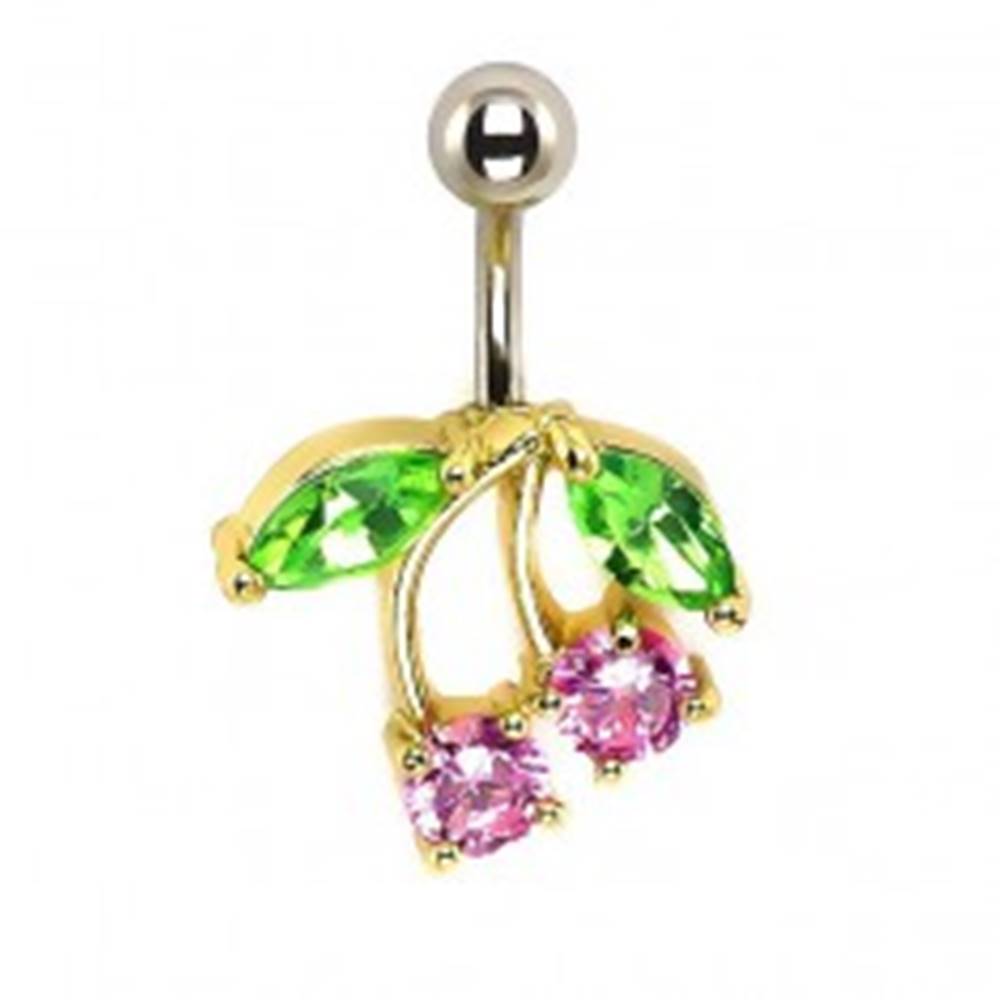 Šperky eshop Piercing do pupku - čerešne, ružové a zelené zirkóny, podklad zlatej farby