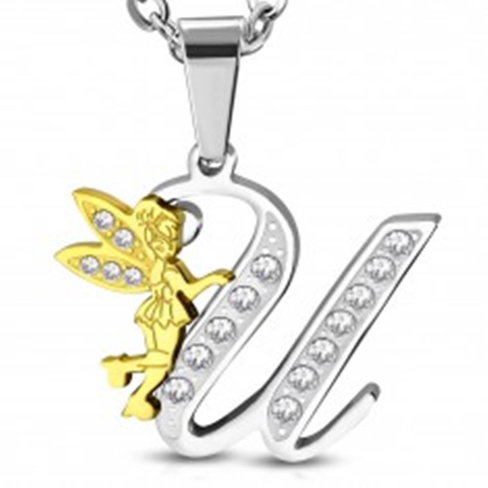 Šperky eshop Prívesok z chirurgickej ocele, veľké písmeno U s vílou a čírymi zirkónmi
