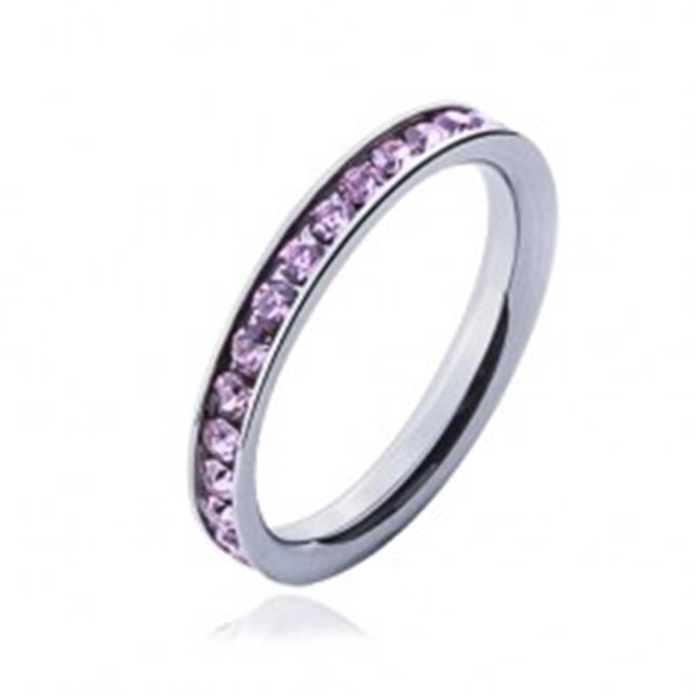 Šperky eshop Prsteň s ružovými zirkónmi - oceľová obrúčka - Veľkosť: 49 mm