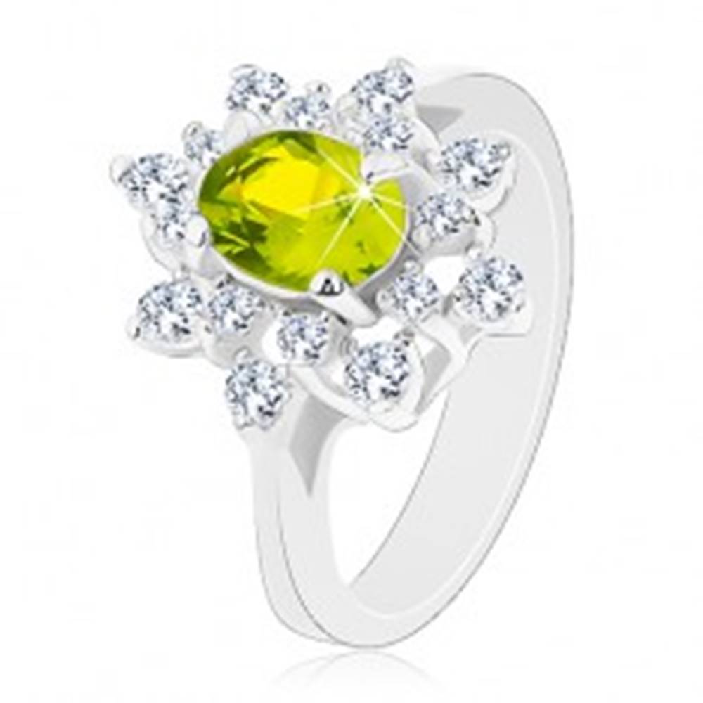 Šperky eshop Prsteň so strieborným odtieňom, ligotavý zeleno-číry kvet - Veľkosť: 49 mm