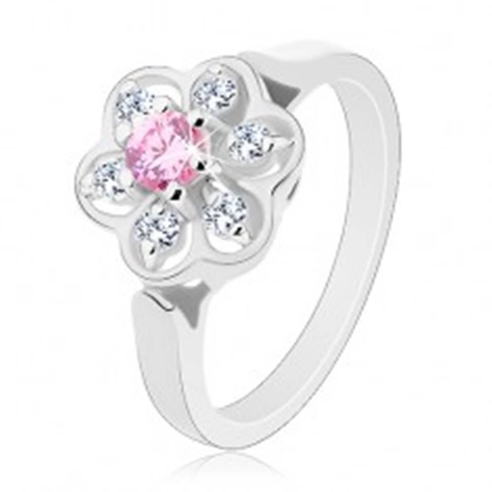 Šperky eshop Prsteň v striebornom odtieni, ligotavý číry kvietok s ružovým stredom - Veľkosť: 50 mm