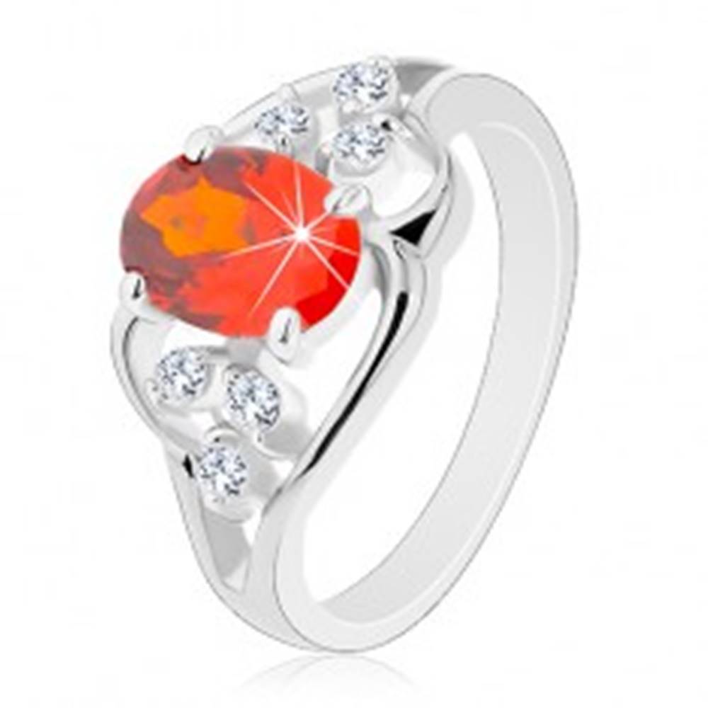 Šperky eshop Prsteň v striebornom odtieni, oranžový oválny zirkón, zvlnené línie - Veľkosť: 51 mm
