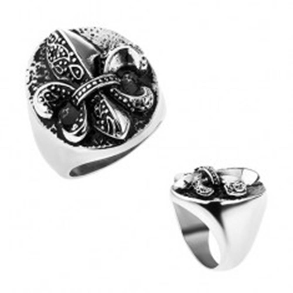 Šperky eshop Prsteň z ocele, Fleur de Lis v ovále, strieborná farba, patina - Veľkosť: 57 mm
