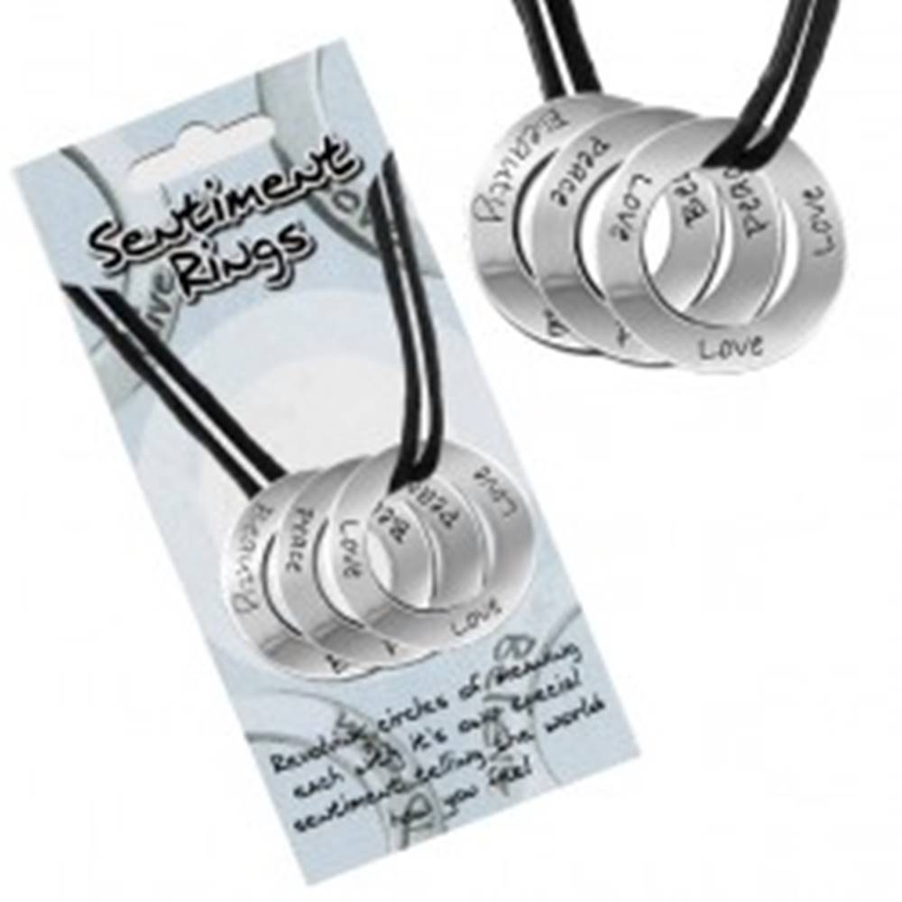 Šperky eshop Šnúrkový náhrdelník - kolieska s nápismi "Love, Peace, Beauty"