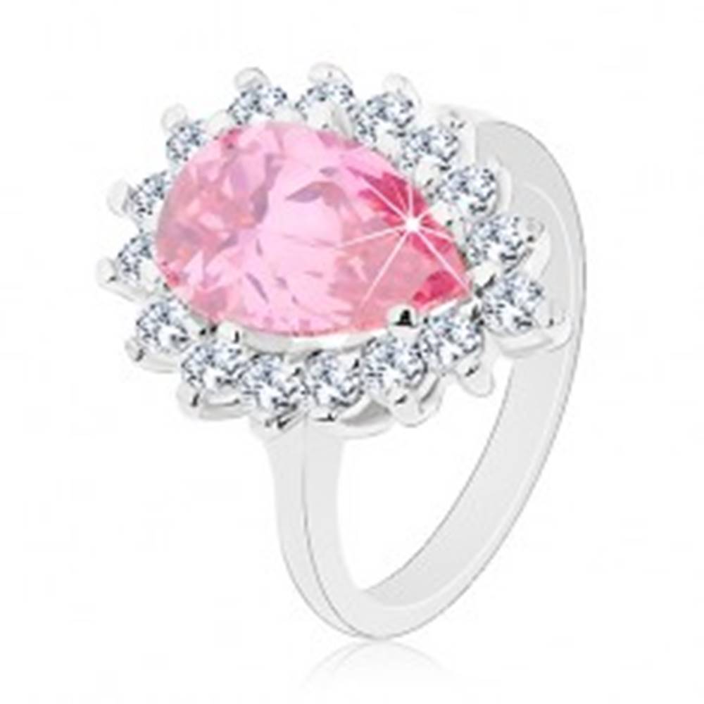 Šperky eshop Trblietavý prsteň s úzkymi ramenami, ružová zirkónová slza, okrúhle zirkóniky - Veľkosť: 49 mm
