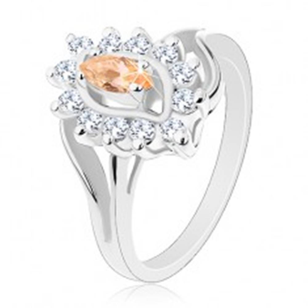 Šperky eshop Trblietavý prsteň v striebornom odtieni, svetlooranžové zrnko, číre zirkóniky - Veľkosť: 56 mm