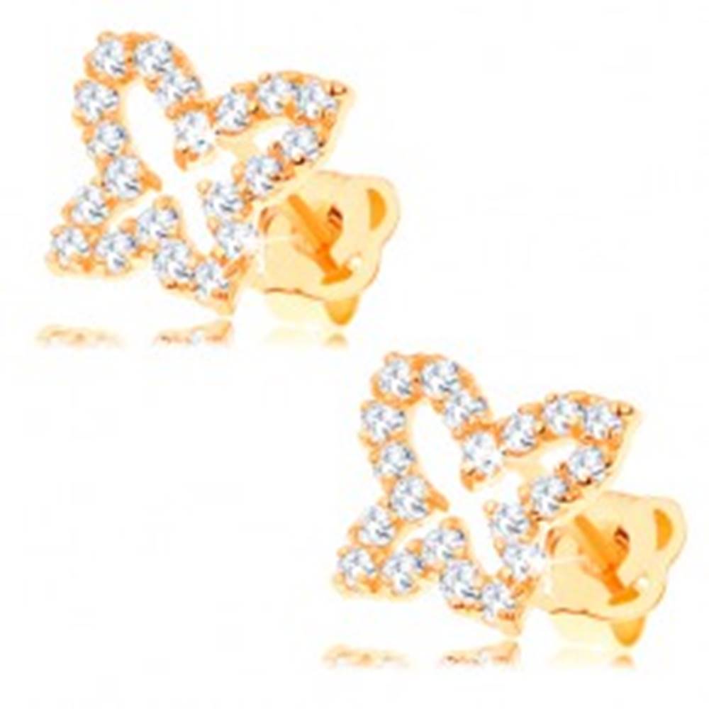 Šperky eshop Zlaté náušnice 585 - obrys motýľa vykladaný čírymi zirkónmi, puzetky