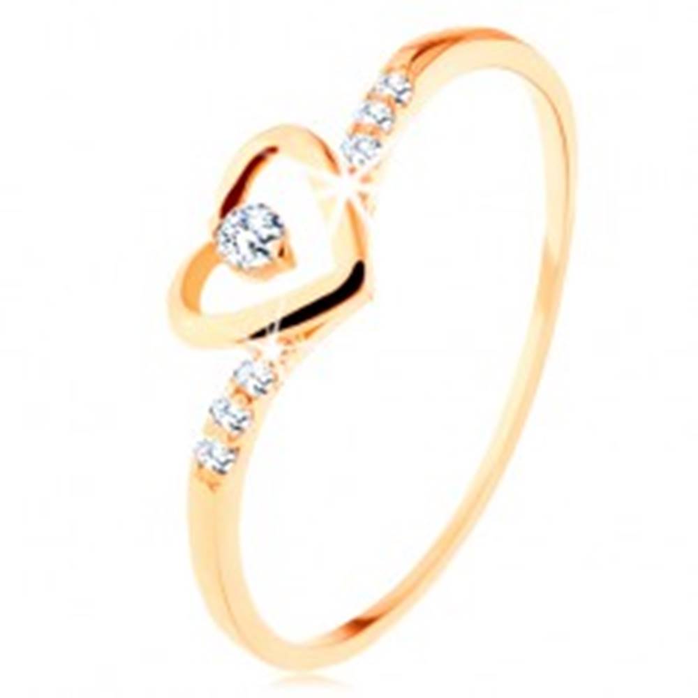 Šperky eshop Zlatý prsteň 585, kontúra srdca s čírym zirkónikom, zdobené ramená - Veľkosť: 49 mm
