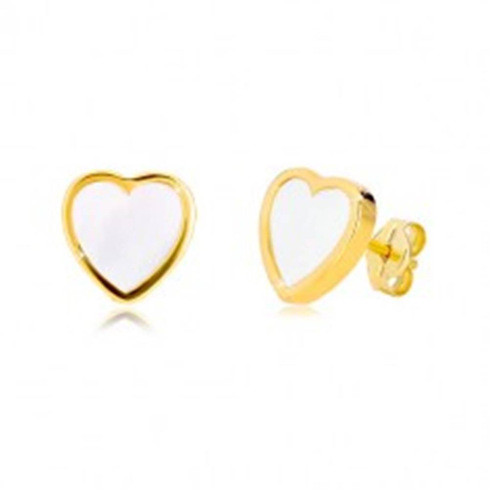 Šperky eshop Náušnice zo žltého 14K zlata - kontúra symetrického srdca s prírodnou perleťou
