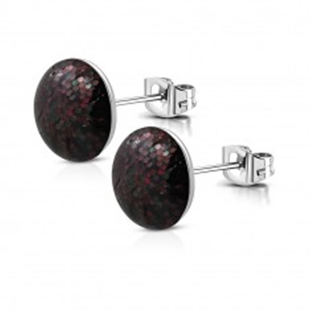 Šperky eshop Puzetové náušnice z ocele - čierny krúžok, bordové a tmavozelené trblietky