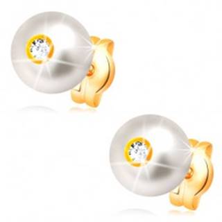 Zlaté 14K náušnice - smotanovo biela perla s ligotavým čírym zirkónom, 6 mm