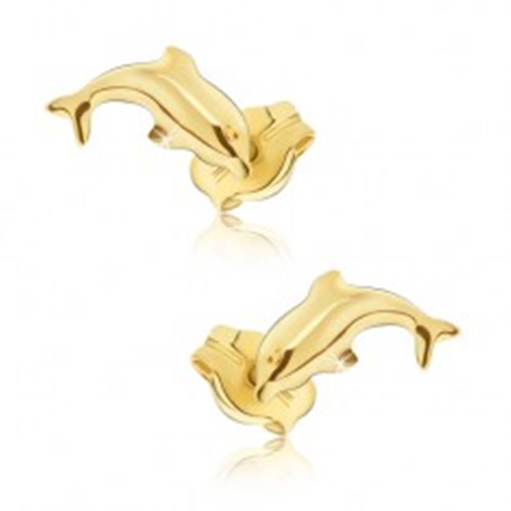 Šperky eshop Náušnice v žltom 14K zlate - lesklé skákajúce delfíny