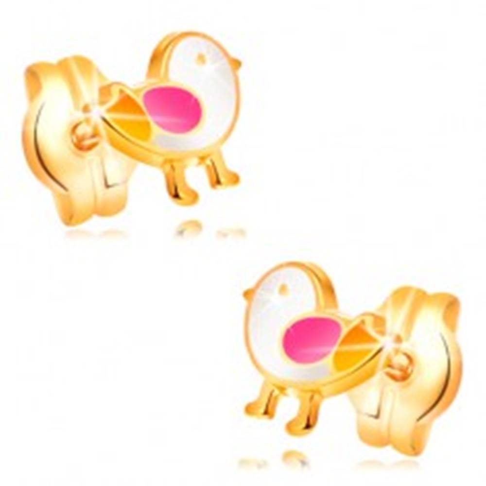 Šperky eshop Náušnice zo žltého zlata 14K - vtáčik zdobený bielou, ružovou a žltou glazúrou