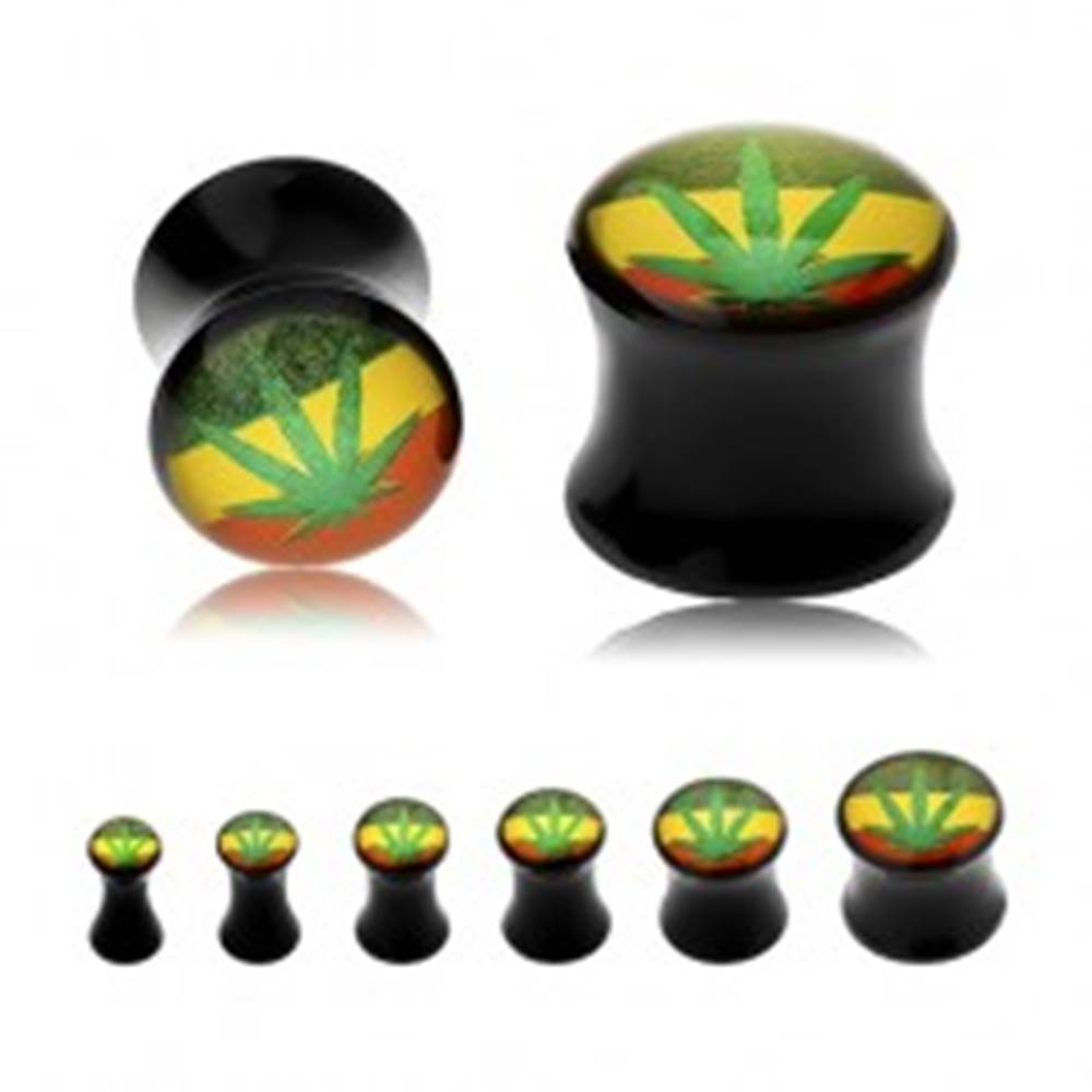 Šperky eshop Čierny sedlový plug do ucha, zelená marihuana na pozadí s rasta farbami - Hrúbka: 10 mm