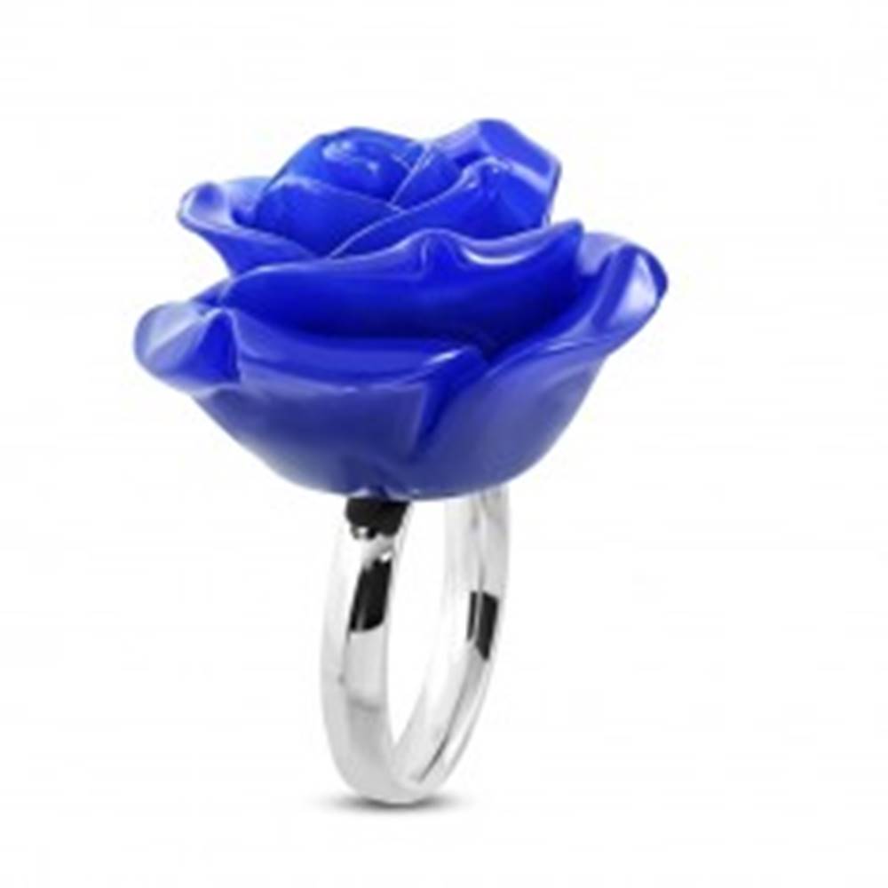 Šperky eshop Oceľový prsteň - lesklá obrúčka a živicová ruža v tmavomodrom odtieni - Veľkosť: 49 mm