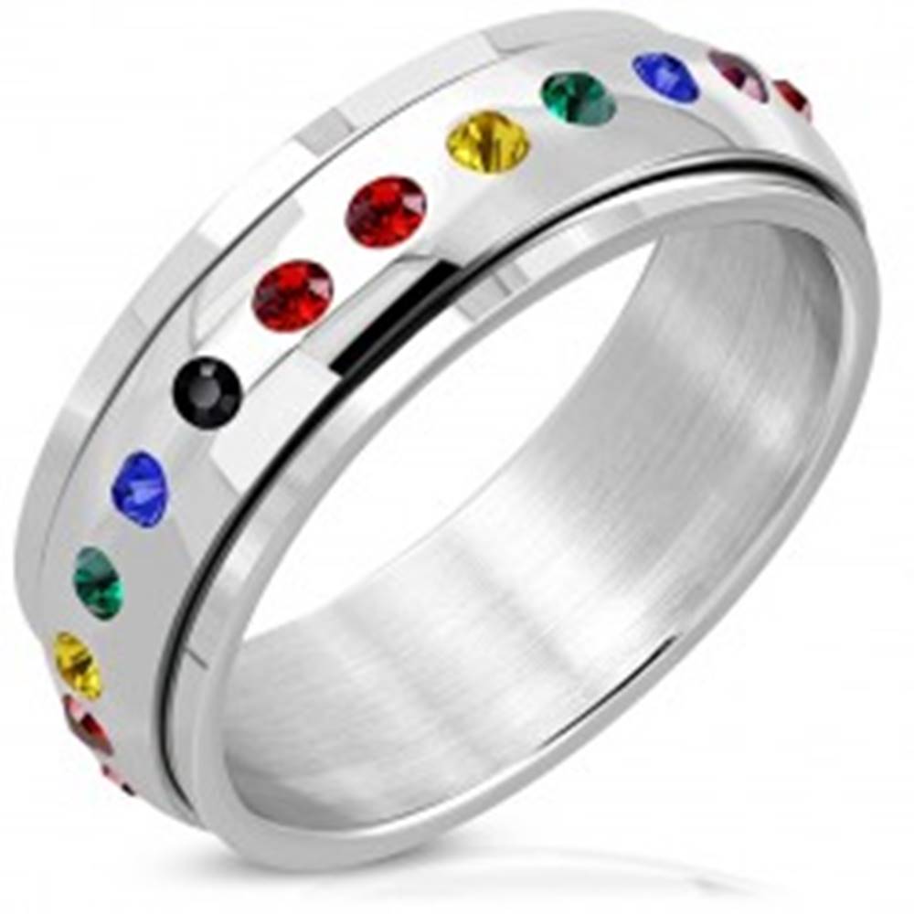 Šperky eshop Lesklý oceľový prsteň - otáčavý stred, zirkóny vo farbách dúhy - Veľkosť: 52 mm