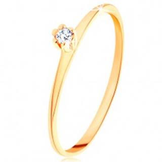 Prsteň v žltom 14K zlate - okrúhly číry diamant, tenké skosené ramená - Veľkosť: 49 mm