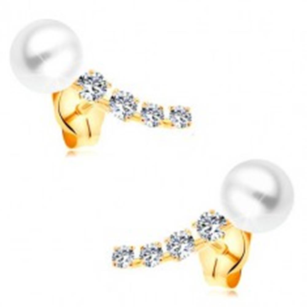 Šperky eshop Zlaté 14K náušnice, žiarivý zirkónový oblúk a biela guľatá perla bielej farby