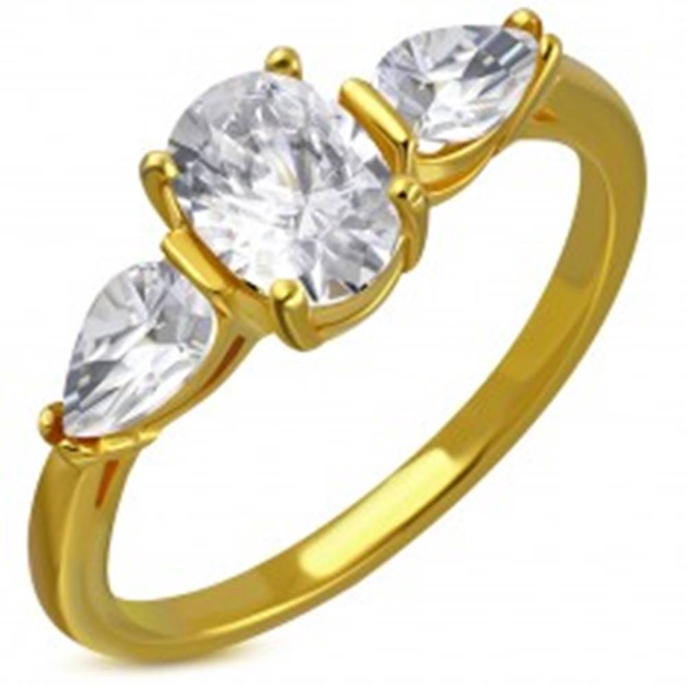 Šperky eshop Prsteň z ocele v zlatom odtieni - číry trblietavý zirkón, zirkónové slzičky - Veľkosť: 49 mm