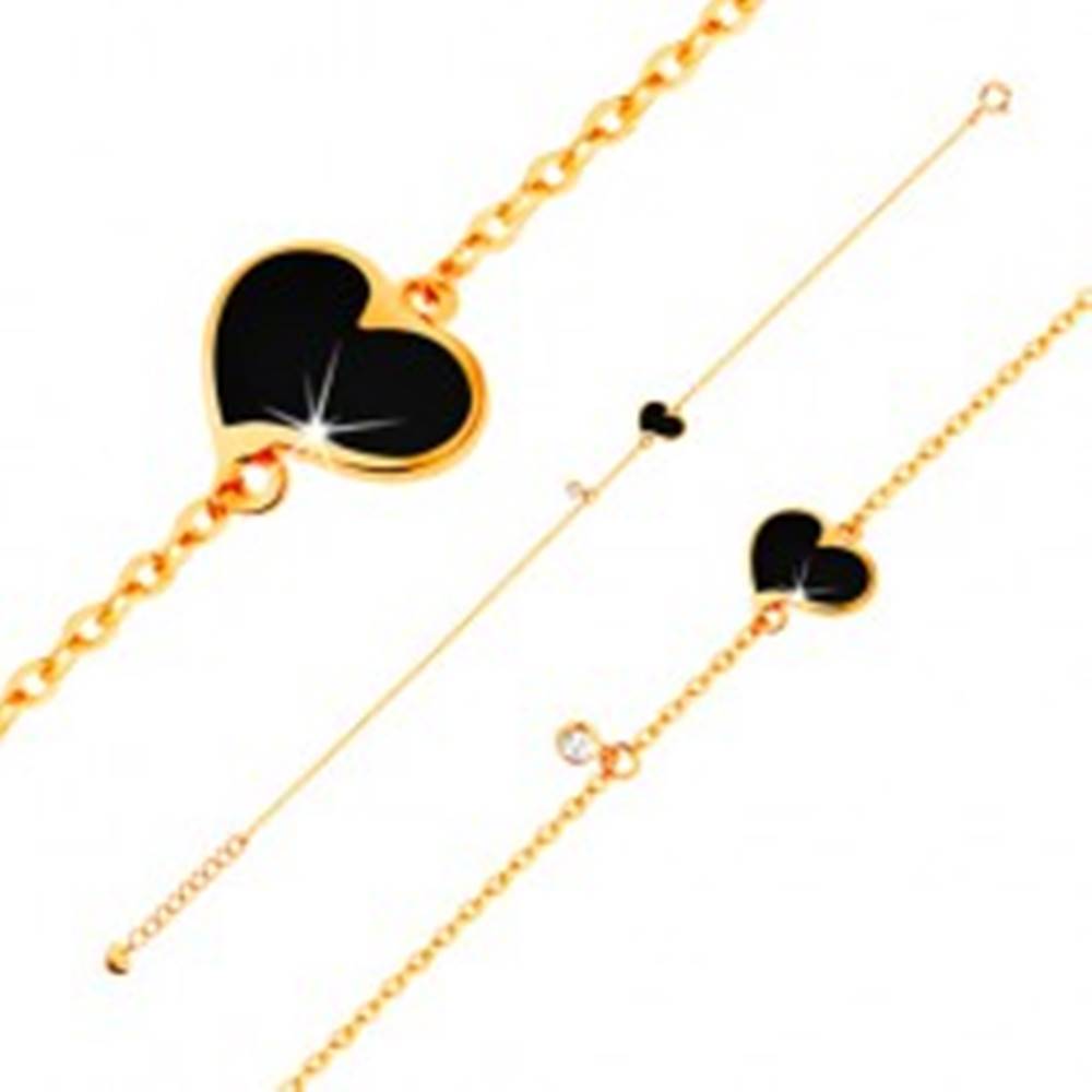 Šperky eshop Zlatý náramok 585 - čierne asymetrické srdce a číry zirkónik, tenká retiazka, 180 mm