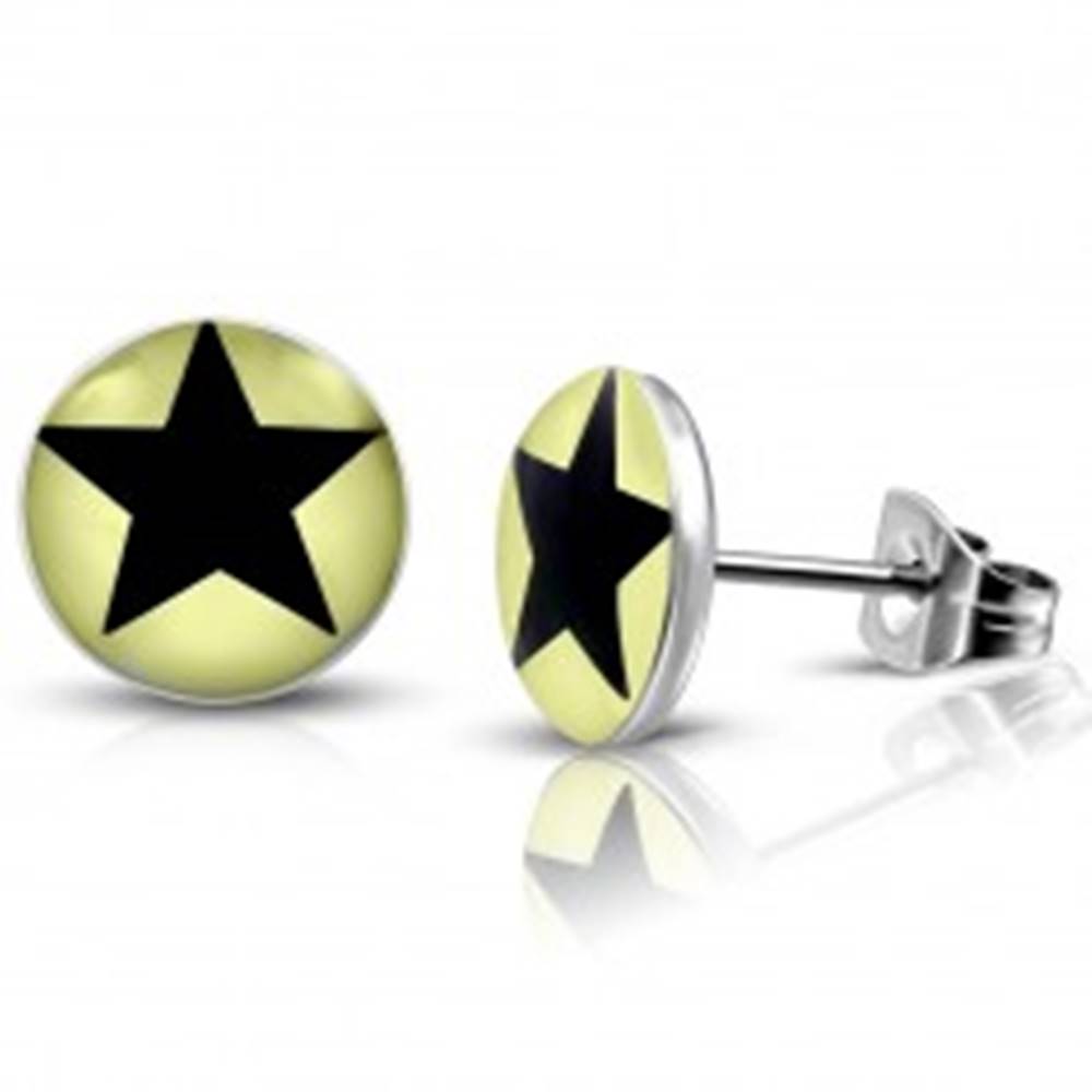 Šperky eshop Oceľové náušnice - svetložlté krúžky s čiernou hviezdičkou, puzetky