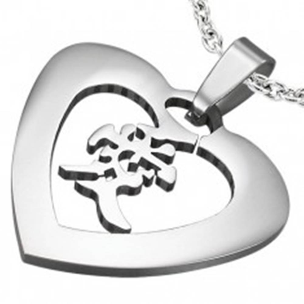 Šperky eshop Oceľový prívesok striebornej farby - srdce s čínskym znakom "láska"