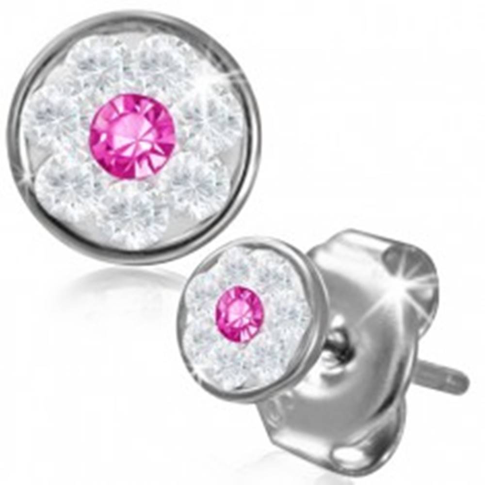 Šperky eshop Oceľové náušnice - kvietok so Swarovski® komponentmi, ružový zirkón, 5 mm