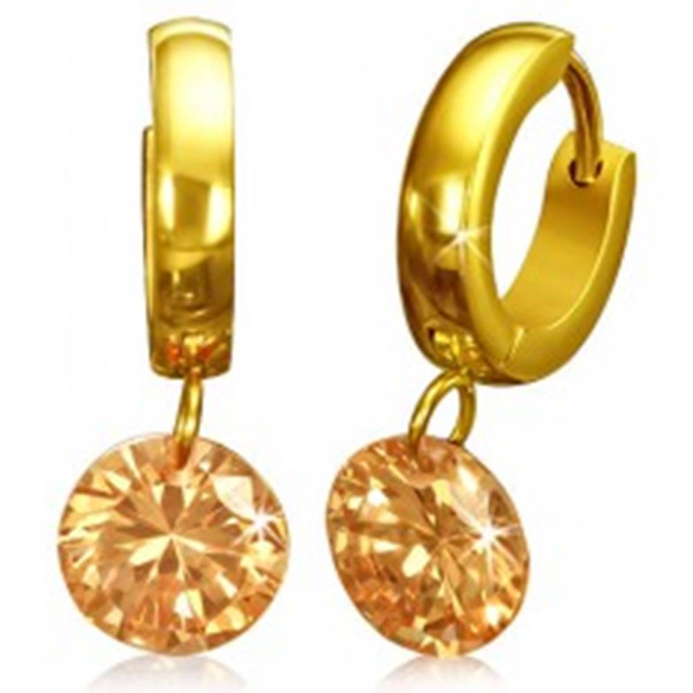 Šperky eshop Okrúhle náušnice z chirurgickej ocele - zlatá farba, oranžový kamienok