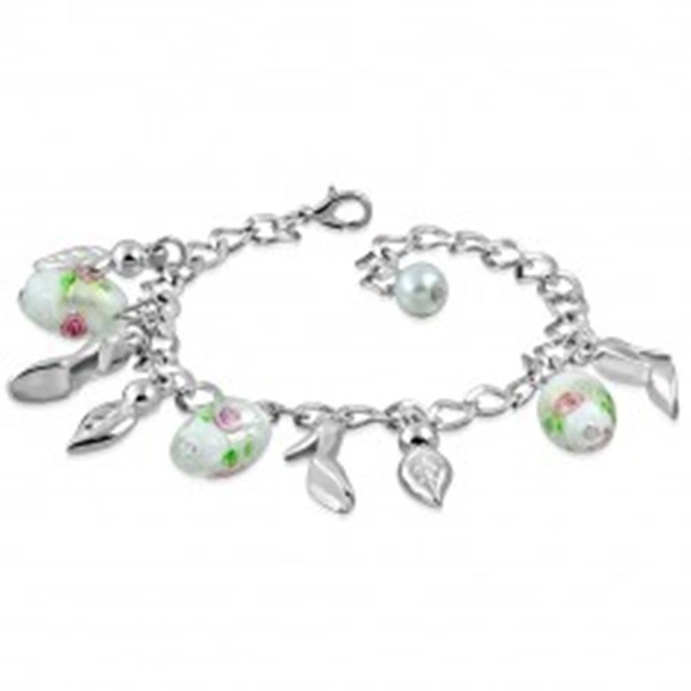 Šperky eshop Retiazkový náramok s príveskami - lístky, lodičky, korálky s motívom ruže