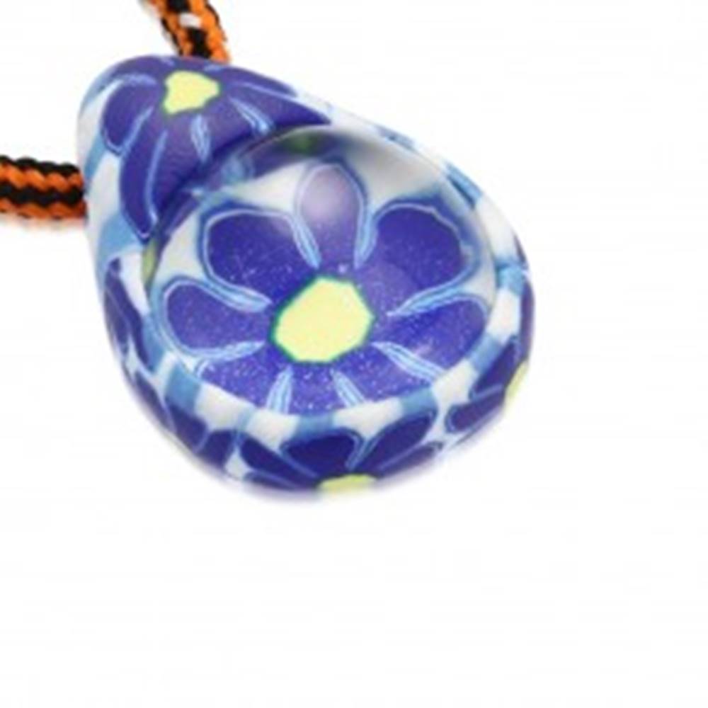 Šperky eshop Šnúrkový náhrdelník - FIMO slza s modrými kvietkami, sklenená guľôčka