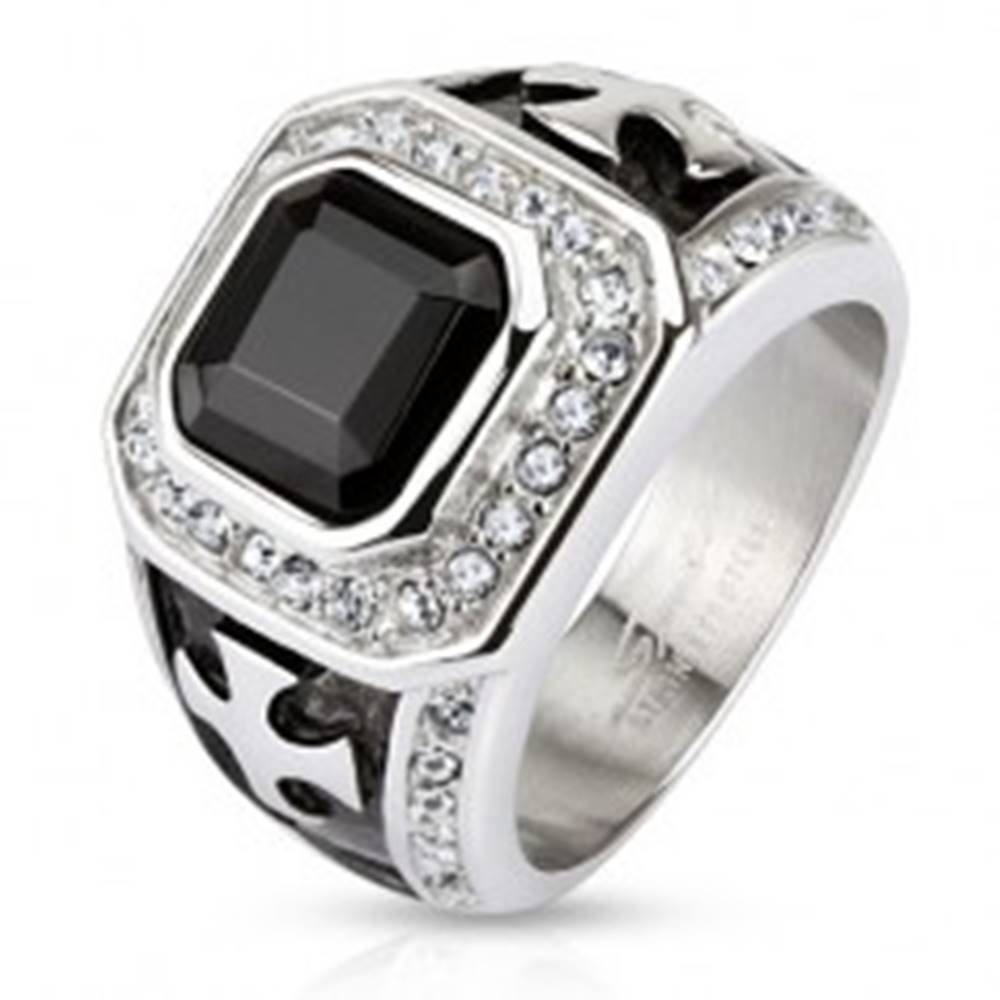 Šperky eshop Mohutný prsteň z chirurgickej ocele, čierny zirkónový štvorec, číre línie, kríže - Veľkosť: 59 mm