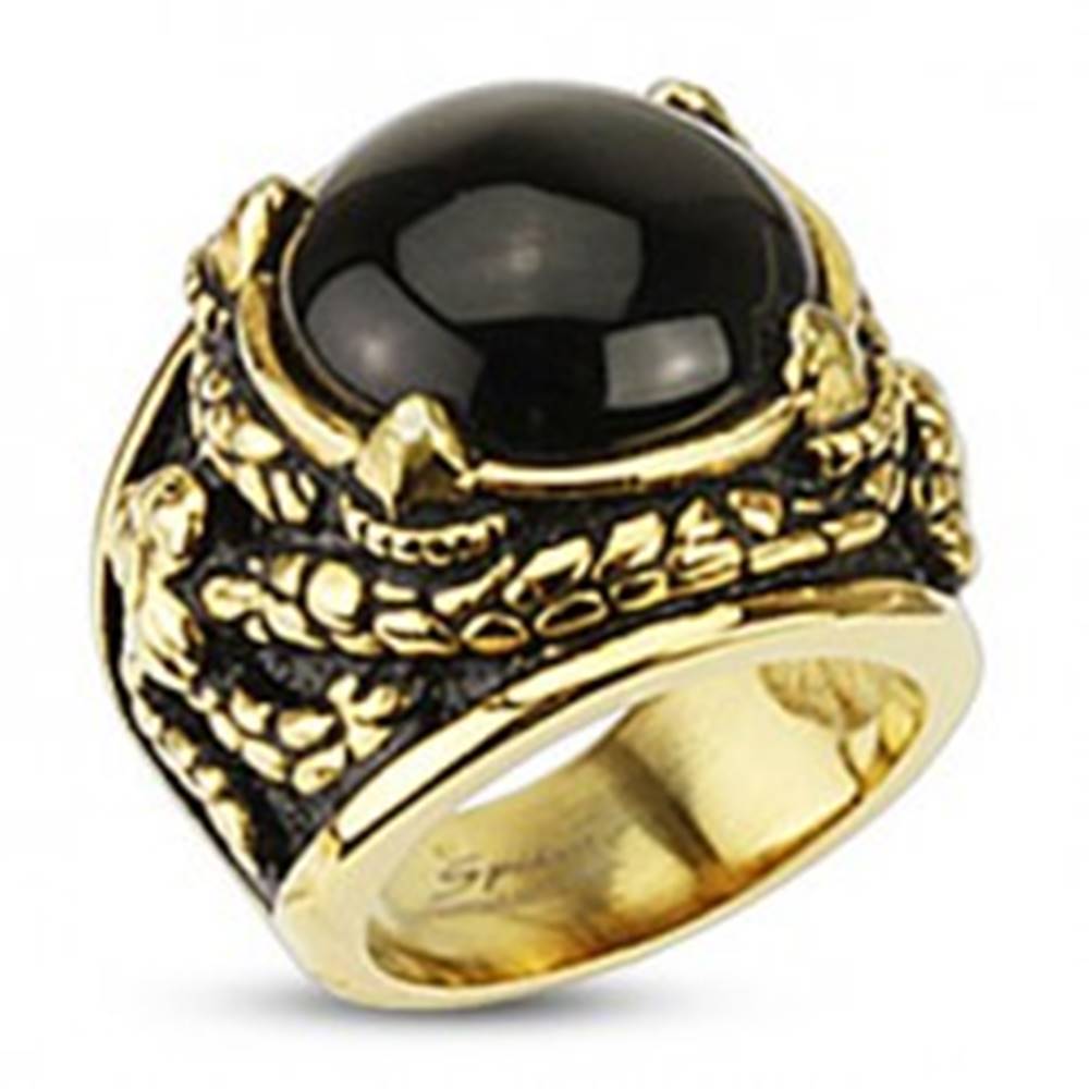 Šperky eshop Mohutný prsteň zlatej farby z chirurgickej ocele, ónyx v dračích pazúroch - Veľkosť: 57 mm