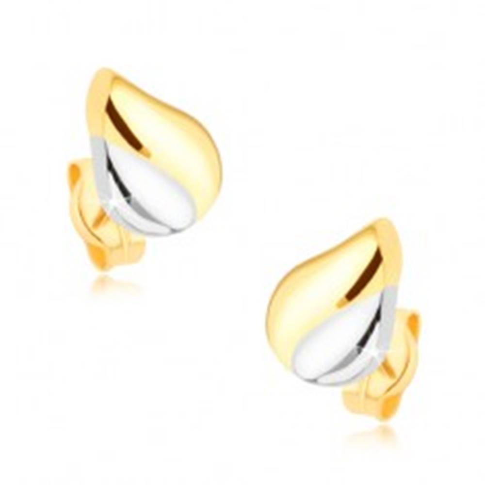 Šperky eshop Ródiované dvojfarebné náušnice v 9K zlate - slzička so zárezom