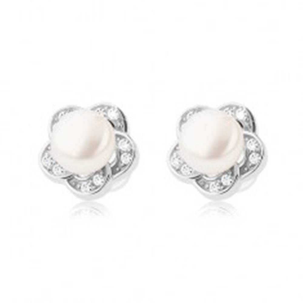 Šperky eshop Puzetové náušnice zo striebra 925, číry zirkónový kvet s bielou perlou