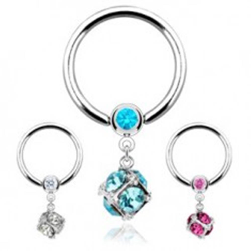 Šperky eshop Piercing z ocele 316L, krúžok s guľôčkou a kocka vykladaná zirkónmi - Farba zirkónu: Aqua modrá - Q