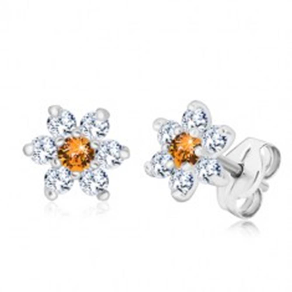 Šperky eshop Strieborné 925 náušnice - trblietavý zirkónový kvet s medovo oranžovým stredom