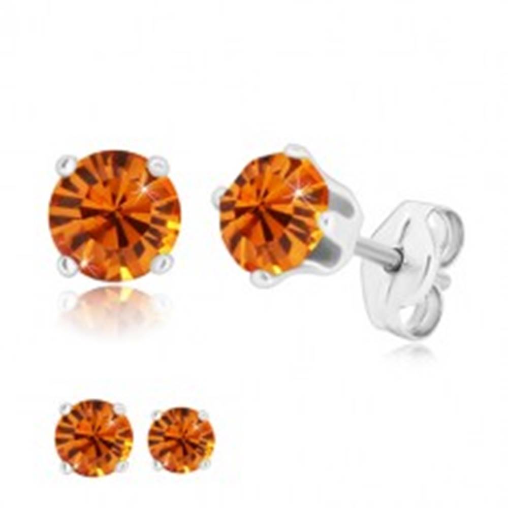 Šperky eshop Strieborné náušnice 925 - okrúhly trblietavý zirkón v medovo oranžovom odtieni - Veľkosť zirkónu: 4 mm