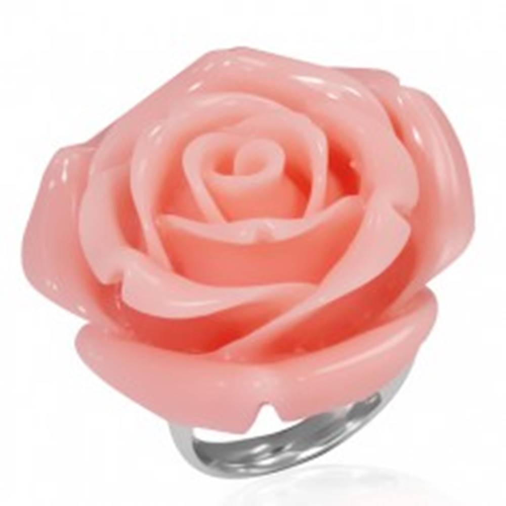Šperky eshop Prsteň z ocele - ružový rozkvitnutý kvet zo živice - Veľkosť: 49 mm