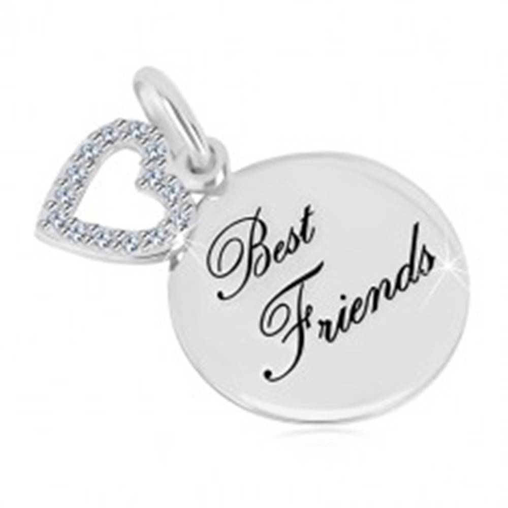 Šperky eshop Strieborný prívesok 925 - lesklý kruh, nápis "Best Friends", kontúra srdca so zirkónmi
