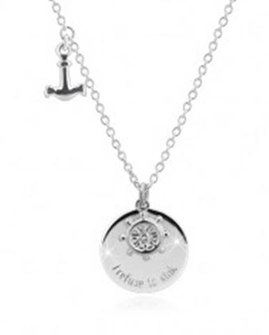 Strieborný náhrdelník 925 - kotva, kormidlo, lesklý kruh s nápisom "I refto sink"