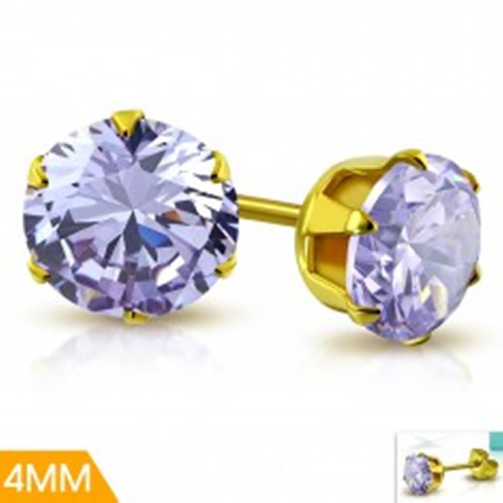 Šperky eshop Oceľové náušnice zlatej farby, fialový zirkón v ozdobnom kotlíku, 4 mm