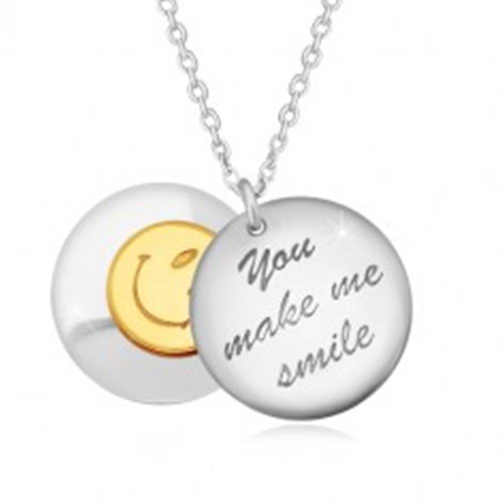 Šperky eshop Strieborný 925 náhrdelník - dva vypuklé kruhy, nápis "You make me smile", smajlík