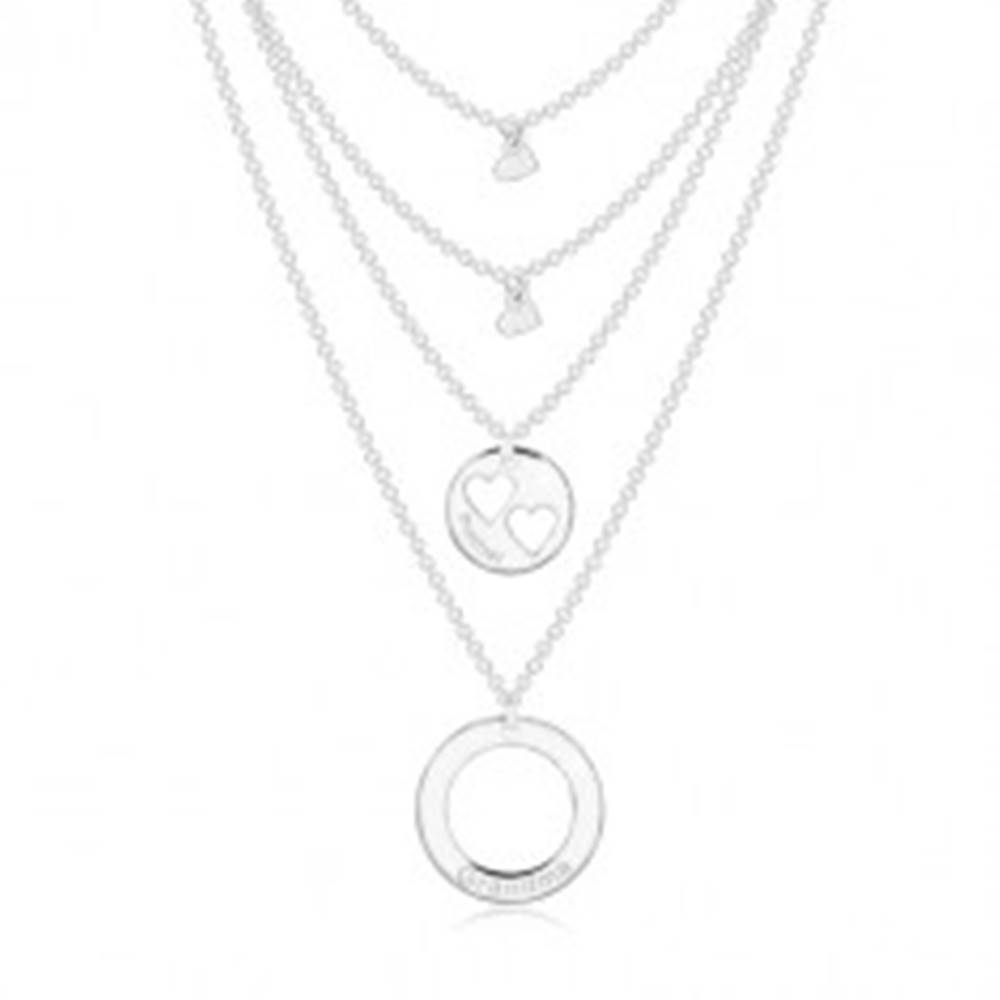 Šperky eshop Strieborný náhrdelník 925 - štyri retiazky s príveskami, kruhy a srdiečka, nápisy