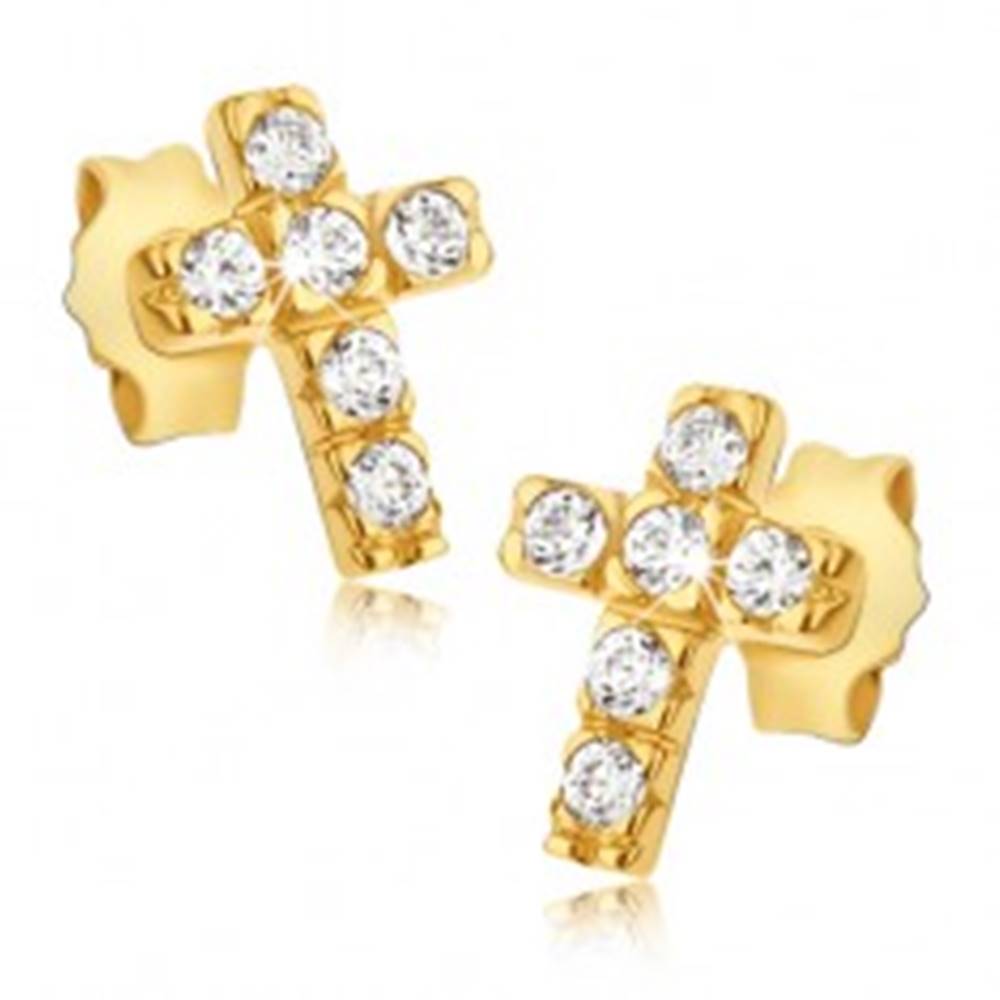 Šperky eshop Zlaté 14K náušnice - krížiky so šiestimi okrúhlymi zirkónmi