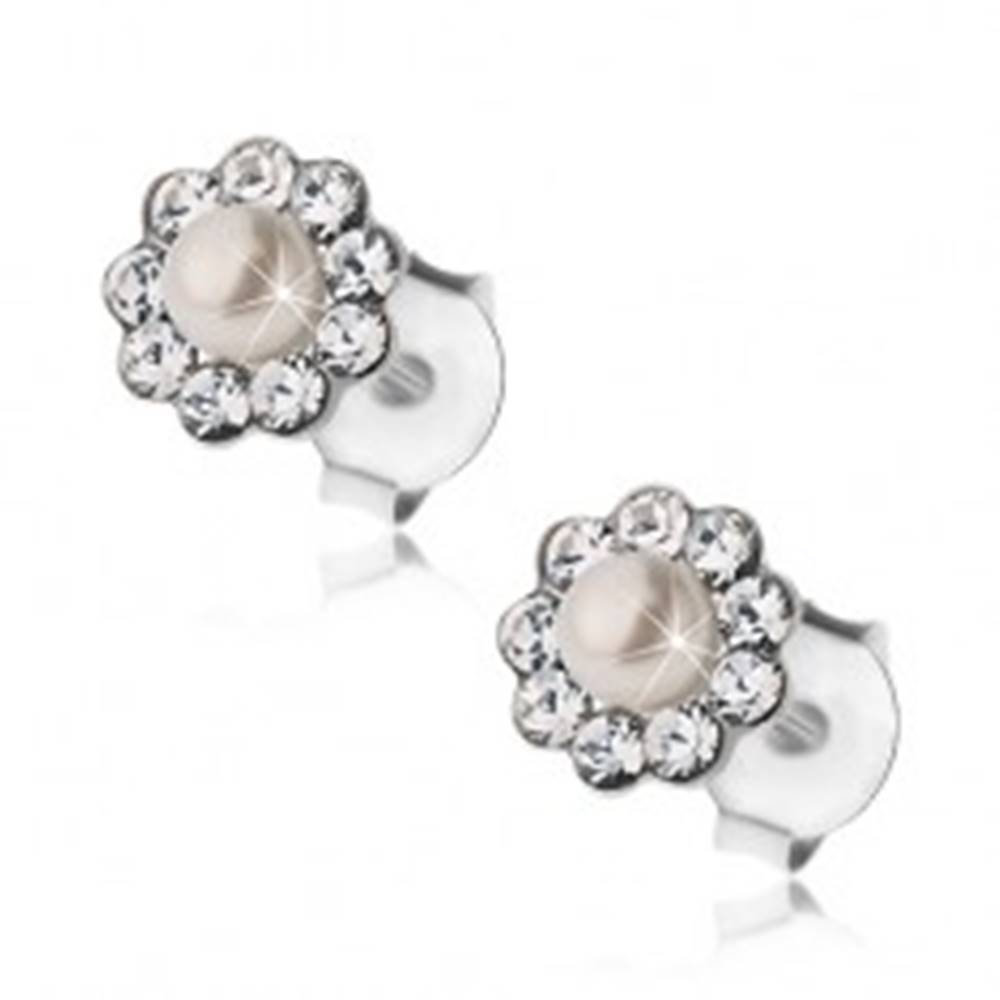 Šperky eshop Náušnice, striebro 925, puzetky, kvet - krištáliky Preciosa a biela perlička
